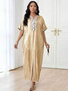 SHEIN Lady 女士优雅派对亮片刺绣连衣裙 - 金色 - 查看 3