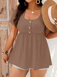 EMERY ROSE 大码女式纯色褶皱休闲百搭日常短袖T恤 - 棕色 - 查看 4