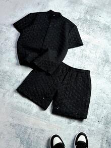Manfinity Hypemode Men's Daily-Casual Style, Inspired By INS, Featuring A Black Short-Sleeve Shirt And Shorts Set With A Stand-Up Collar And Night-Sky Textured Jacquard. Its Shiny Finish And Button-Front Closure Make It Perfect For Music Festivals, Hawaiian Beach Vacations, And Everyday Wear. It Also Makes A Great Gift For A Boyfriend Or Husband . Men Shorts Set, Men Two Pieces Outfits, Men's Silver Foil Texture Short Sleeve Shirt And Shorts Set , Two Pieces Outfit Men - Black - View 1