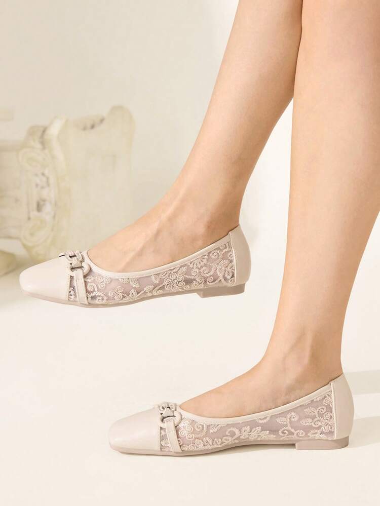 CUCCOO CHICEST Square Toe Loafers, Soft Sole Mesh Patchwork Buckle Strap, Fashionable Elegant Versatile Comfortable Slip-On Flat Shoes, Beige