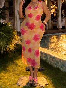 Dazy Plus Plus Size Women's Floral Print Chiffon Spaghetti Strap Maxi Dress, Vacation & Date Night Style, Spring/Summer Sun Dresses For Women - Apricot - View 7