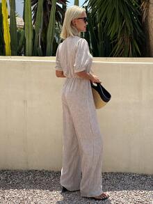 DAZY Women's Casual Striped Print Bubble Sleeve Tie Front Wide Leg Jumpsuit, Spring/Summer - Khaki - View 2