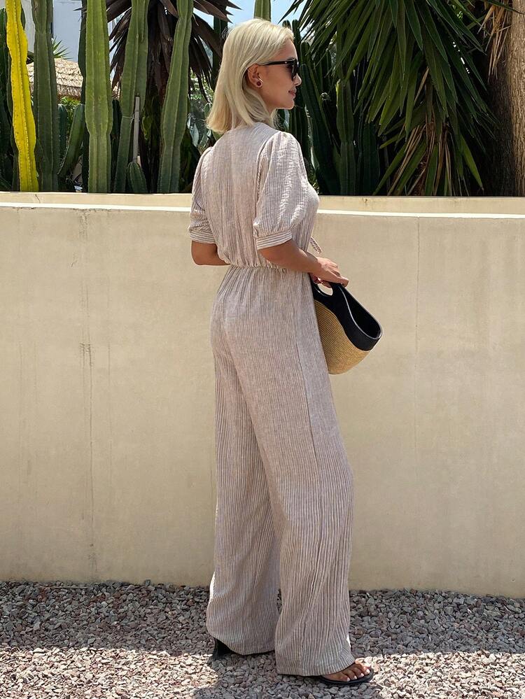 Women's Casual Striped Print Bubble Sleeve Tie Front Wide Leg Jumpsuit, Spring/Summer Lounge Sets For Women