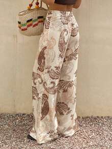 Livesso Women's Casual Paisley Print Wide Leg Pants - Brown - View 2