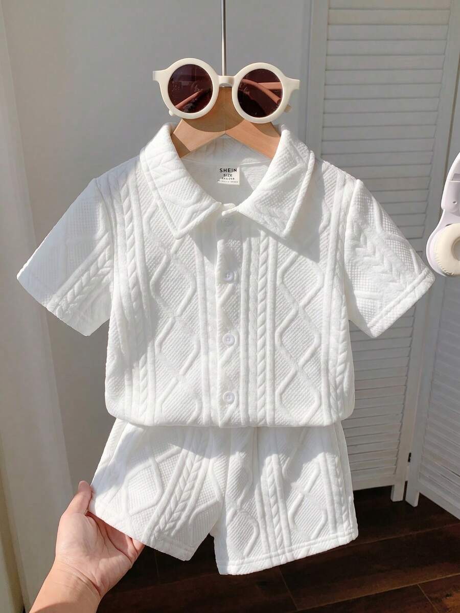 SHEIN Vintaside Kids 纹理衬衫和短裤街头时尚幼儿男童套装 - 白色 - 查看 1