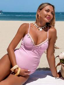 SHEIN Pregnant Women's Elegant Lavender One-Piece Swimsuit,Summer Beach Holiday Swimwear For Wedding Guest,Boho Tropical Underwire Vacation Bathing Suit - Pink - View 1