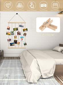 Haus Hana Solid Wood Photo Rack, Popular Hemp Rope Photo Wall, With 20 Bamboo Clip Wall Decorations, Double-Layer Rural Wooden Floating Rack, Bohemian Style Wall Decoration Set, Minimalist Woven Wall Hanging, Bohemian Woven Storage Board Tapestry Hanger - Multicolor - View 5