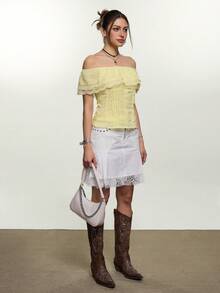 Rina Fox Women's Summer Casual Vacation Style Contrast Lace Layered Ruffle Off-Shoulder Top - Yellow - View 5