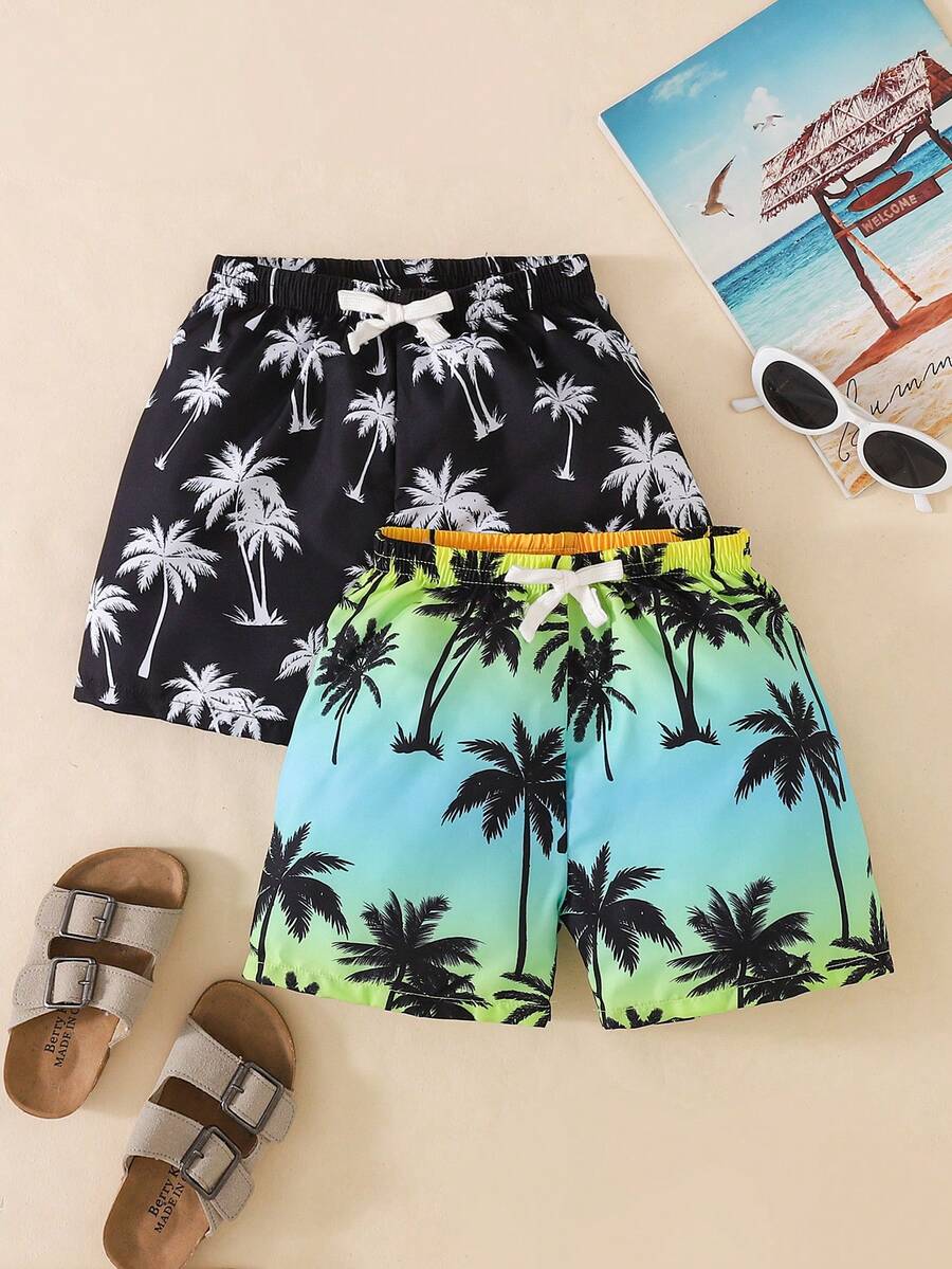 SHEIN 2件套男童休闲舒适时尚简约实用可爱柔软透气短裤，适合度假、日常、上学、旅行、运动、春夏季男童泳装 - 紅色 - 查看 1