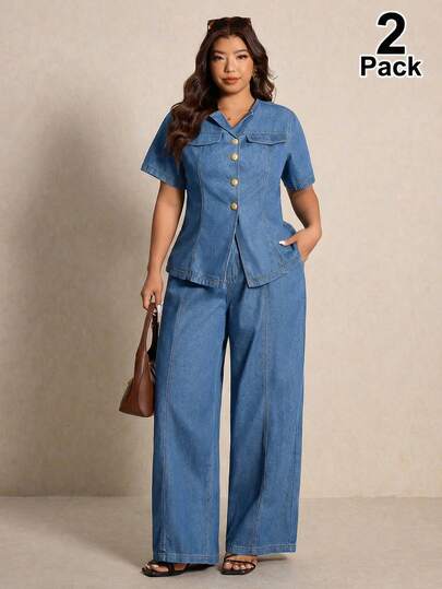 Elaquor Bộ đồ denim mùa hè cỡ lớn, kiểu dáng thường ngày, tay ngắn cài khuy phía trước và quần denim, gồm 2 món.