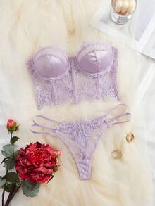Myrelith Bộ 2 áo ngực ren có gọng màu trơn gợi cảm - Màu tím hoa cà - Xem 4