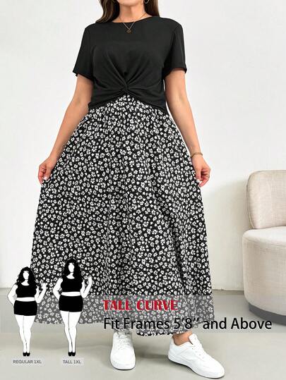 SHEIN Tall CURVE Bộ đồ 2 mảnh dành cho nữ cỡ lớn, áo tay ngắn và chân váy ngắn in họa tiết, trang phục thường ngày thoải mái, họa tiết hoa, bộ đồ đi nghỉ hè, quần áo mùa hè 2 mảnh.
