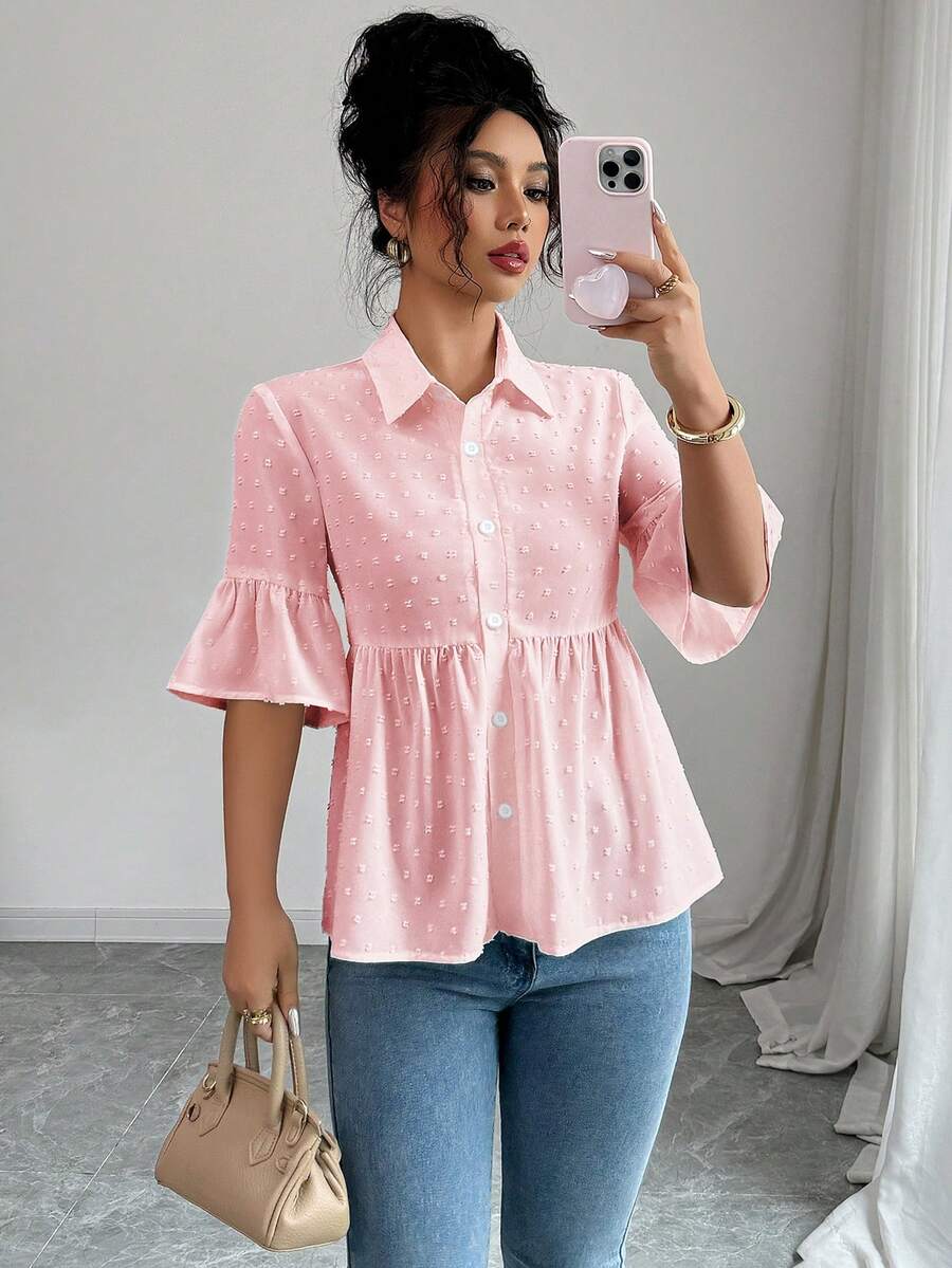 Elenzga Women's Jacquard Pleated Casual Versatile Daily Wear Shirt - Pink - View 1