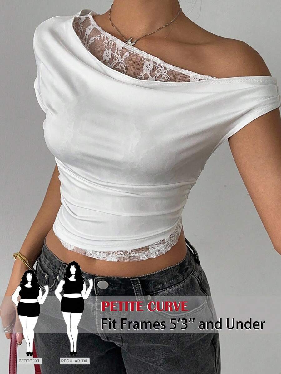 SHEIN PETITE CURVE 大码女式夏季露肩拼接宽松领蕾丝边不对称白色短袖T恤 - 白色 - 查看 1