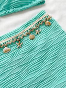 Soleia 女士纯色纹理露背吊带上衣和海星贝壳装饰短裤两件套，度假风，适合夏季海滩穿着 - 薄荷綠 - 查看 7