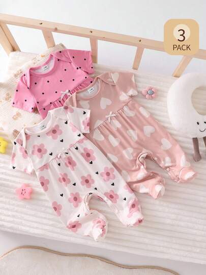 3pcs/Set Cute Heart, Floral, And Polka Dot Print Newborn Infant Romper, Soft & Comfortable Spring/Summer Casual Sleepwear Set, Makes Baby Look Adorable And Lively, Soft Fabric Provides Gentle Embrace Like Mother