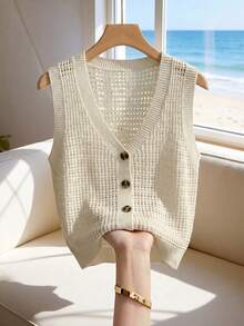 SHEIN Holidaya Women's Off-White Openwork Knit Sleeveless V-Neck Vest,Button Front,Gradient Mesh Texture,Retro Preppy Charm,Summer Casual Vacation Holiday Outfit - Beige - View 5