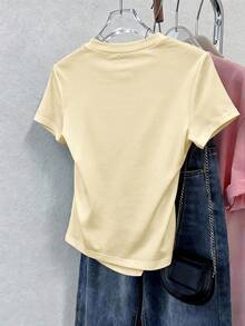 Franclia Áo thun ngắn tay nữ cổ tròn, trang trí nơ, kiểu dáng thường ngày, đa năng. - Màu vàng - Xem 2