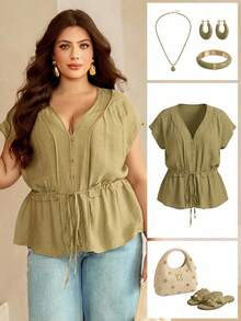Roveilla Blusa de Manga Curta com Gola V, Abertura Frontal com Botões, Cintura com Cordão, Bainha Evasê, Estilo Vintage, Confortável, Cor Sólida, Mistura de Linho, Design Minimalista Elegante Francês de Luxo, Casual Boêmio, Adequada para Férias/Trabalho, Plus Size, Primavera/Verão - Verde Militar - Visão 7