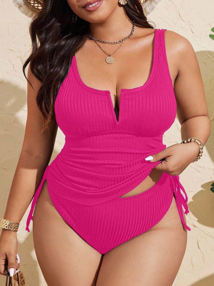 Swim Lushoire Plus Size Women Solid Color Textured Fabric Racerback Casual Swimsuit - Hot Pink - View 1