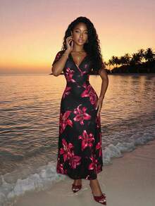 Slaydiva Black Elegant Sexy Women's Floral Dress Summer Beach Night Out Party Vacation Outfits Deep V-Neck Ruffled Short Sleeve Belt Tie A-Line Umbrella Dress - Multicolor - View 4