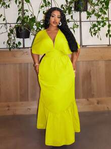 Slaydiva Plus Size Elegant Sexy Low Neckline Sleeveless A-Line Ruffle Hem Dress, Red, Summer-S - Yellow - View 4