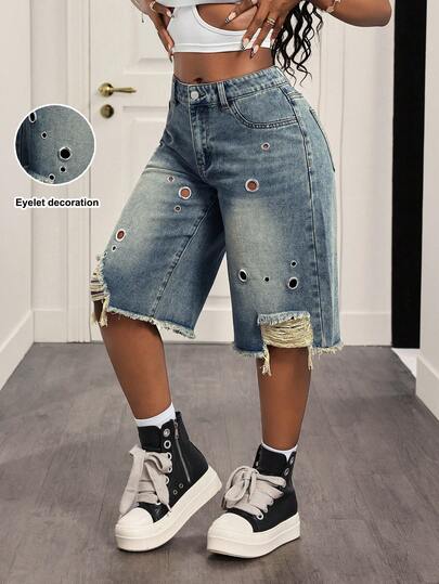 Slaydiva Quần jeans denim dáng rộng, chất liệu denim mài bạc, kiểu dáng thường ngày, có khoen kim loại trang trí.