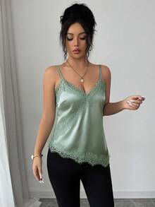 Camiseta de mujer de estilo francés elegante con contraste de color y encaje, con bajo asimétrico - verde menta - Ver 4