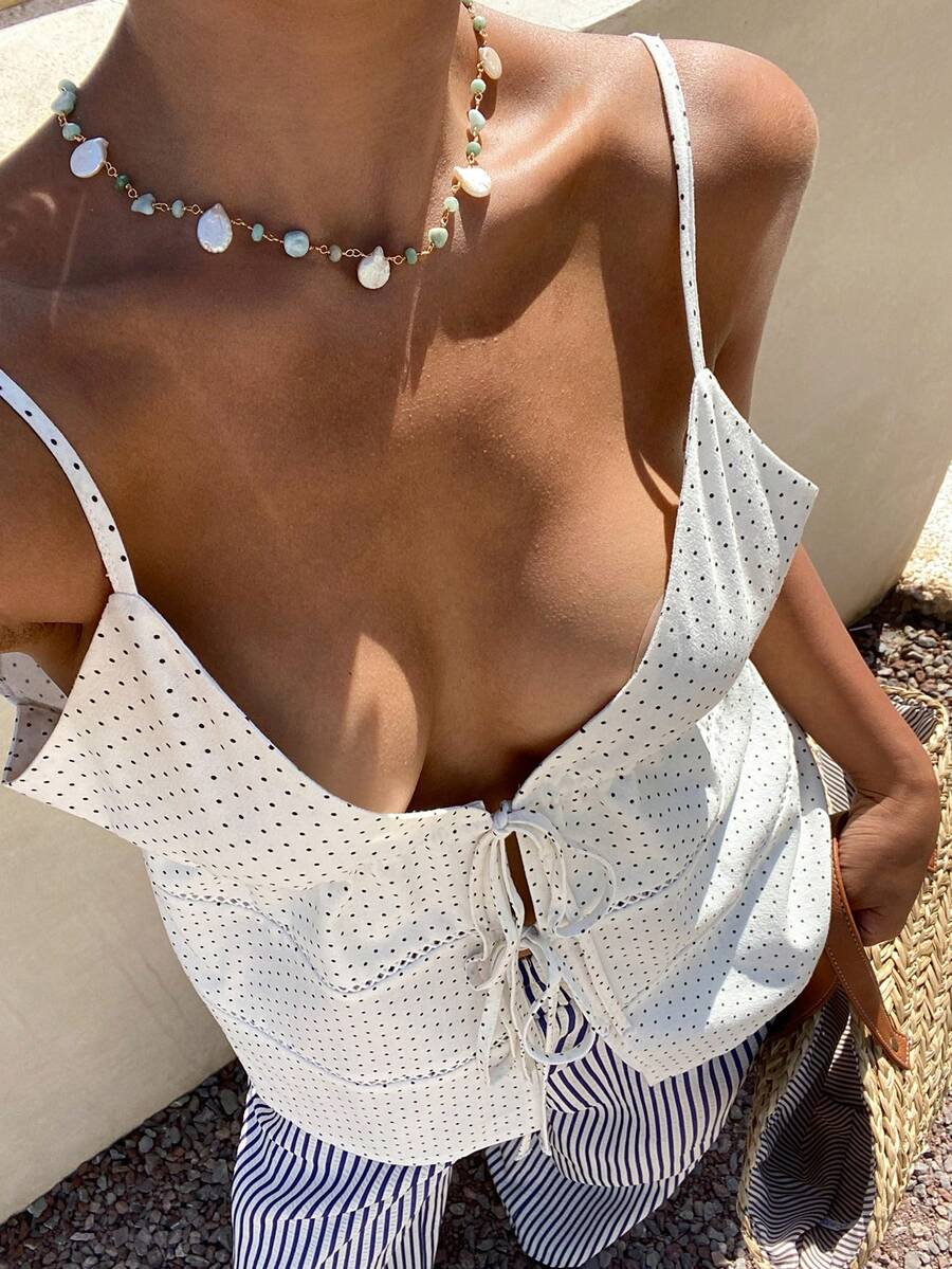 Spring & Summer Casual Vacation Style Polka Dot Print White Spaghetti Strap Tie-Up Bohemian Beach Street Sleeveless Cropped Cardigan Top For Women - White - View 1