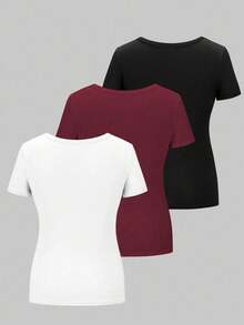 Airaco Plus Size Solid Color Minimalist Button Decor Round Neck Casual T-Shirt - Multicolor - View 2