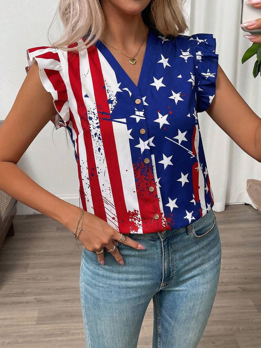 SHEIN Clasi Áo sơ mi nữ cổ chữ V in hình quốc kỳ thanh lịch mới, kiểu dáng đa năng mặc hàng ngày vào mùa hè. - Nhiều màu - Xem 1