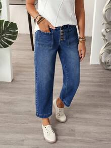 EMERY ROSE Plus Size Women Pockets Button Casual Versatile Daily Wear Denim Jeans - Dark Wash - View 7