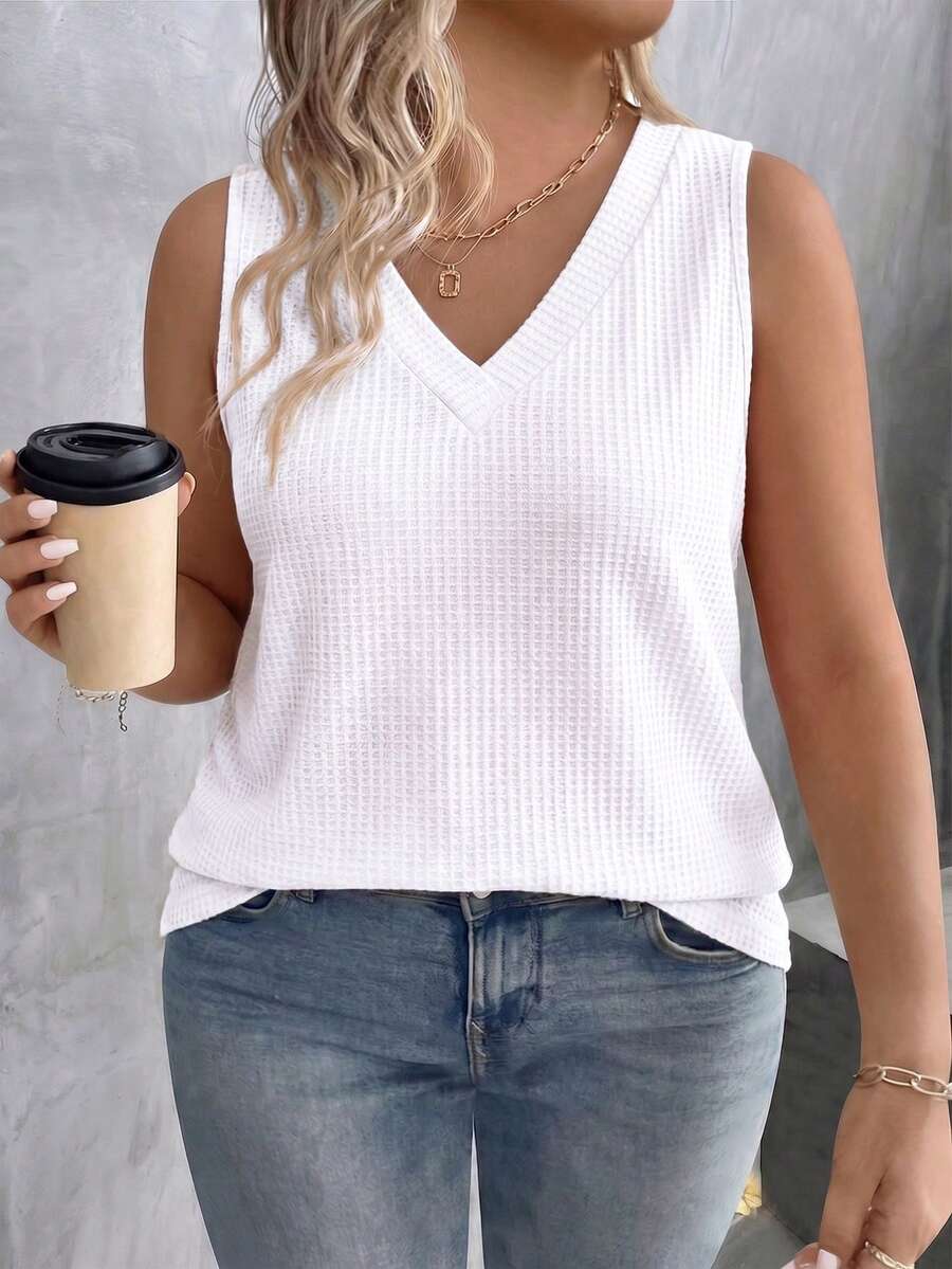 EMERY ROSE Camiseta sin mangas casual y versátil de cuello en V para mujer, talla grande, primavera/verano - Blanco - Ver 1