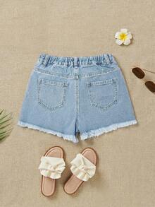 SHEIN Tween Girl Summer Boho Casual Solid Washed High Waist Solid Washed Ripped Denim Shorts With Frayed Hem And Distressed Pockets, Girls Summer Beach Vacation Baggy Shorts - Light Wash - View 2