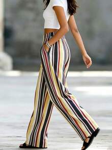 Balvessa Striped Print Casual Slant Pocket Wide Leg Pants - Multicolor - View 2