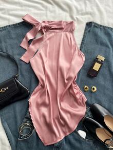 Attitoon Phong cách retro giản dị, gợi cảm, thanh lịch, lãng mạn, thích hợp cho lễ hội âm nhạc, đi biển, nghỉ mát, dã ngoại mùa hè dành cho nữ. Áo kiểu trễ vai màu hồng củ sen, vạt bất đối xứng, thắt nơ. - Bụi hồng - Xem 1