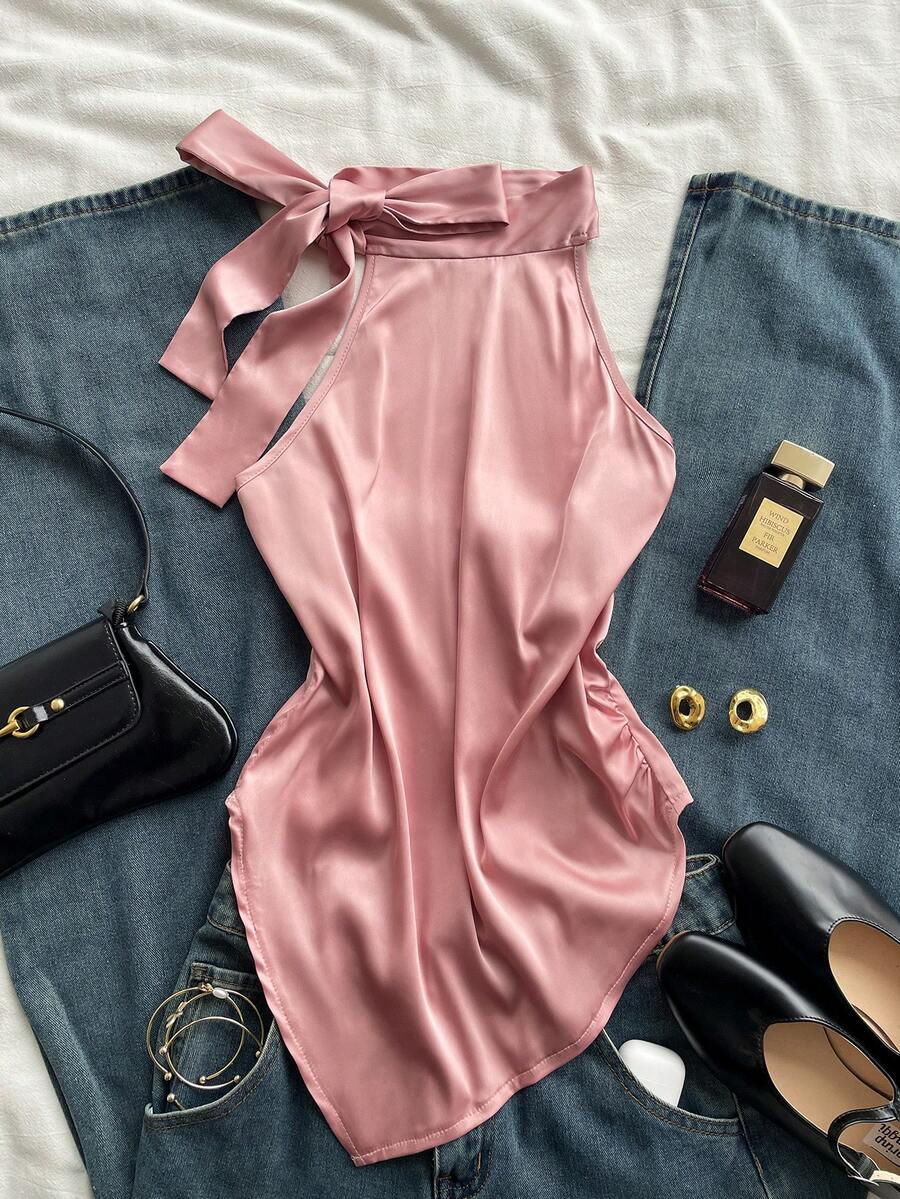 Attitoon Phong cách retro giản dị, gợi cảm, thanh lịch, lãng mạn, thích hợp cho lễ hội âm nhạc, đi biển, nghỉ mát, dã ngoại mùa hè dành cho nữ. Áo kiểu trễ vai màu hồng củ sen, vạt bất đối xứng, thắt nơ. - Bụi hồng - Xem 1