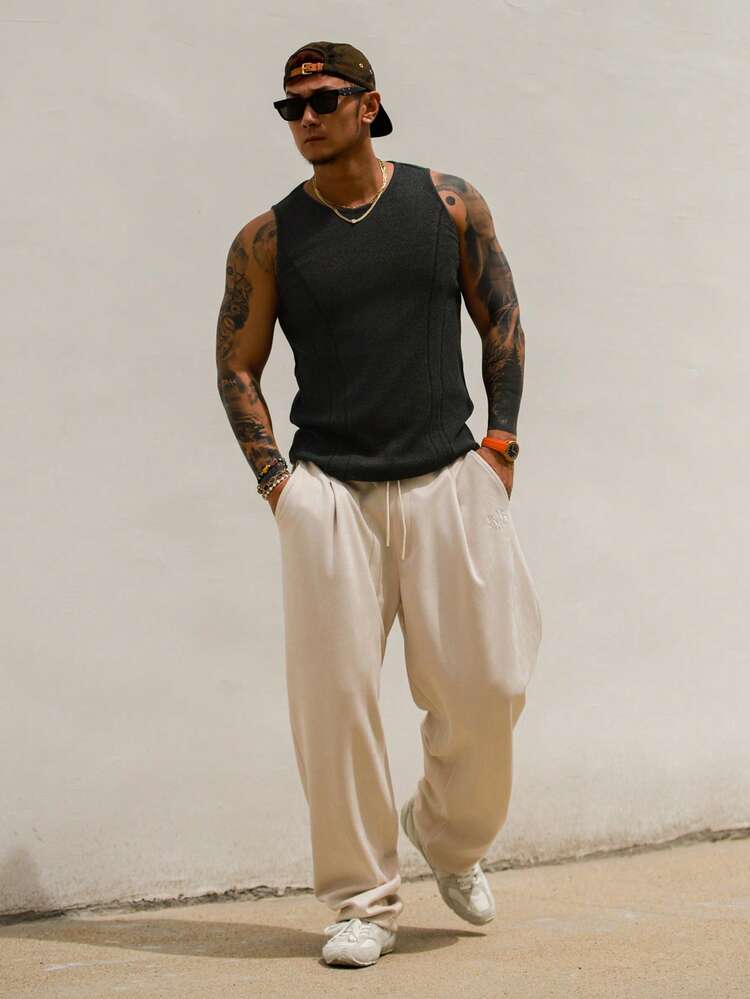 Men's Solid Deep Grey Ribbed Fabric Tank Top, Summer