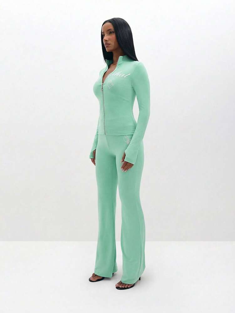 BABYPHAT Women Long Sleeve Zip Up Top With Script Print Mint Green Hoodie Style Jacket