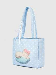 ROMWE Anime Tas Tote Bahu Wanita Portabel Kapasitas Besar Motif Kucing Cinta Biru dan Putih 1021427 - Bantal kucing - View 5