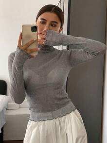 FRIFUL Women's Mesh Turtleneck Sheer Top, Layering Piece For Autumn - Grey - View 7