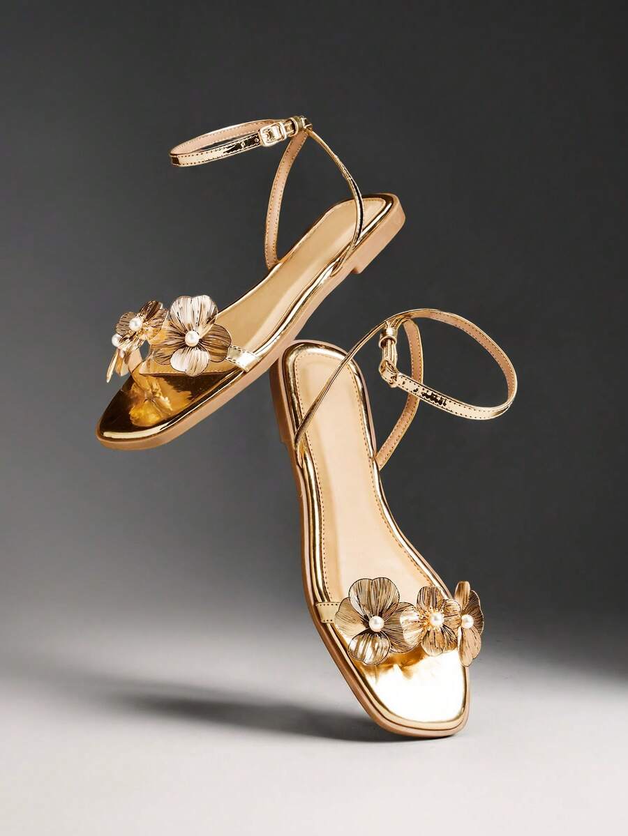 Solezae Sandal đế bằng quai ngang mắt cá chân họa tiết hoa, thời trang và thoải mái dành cho nữ. - Vàng - Xem 1