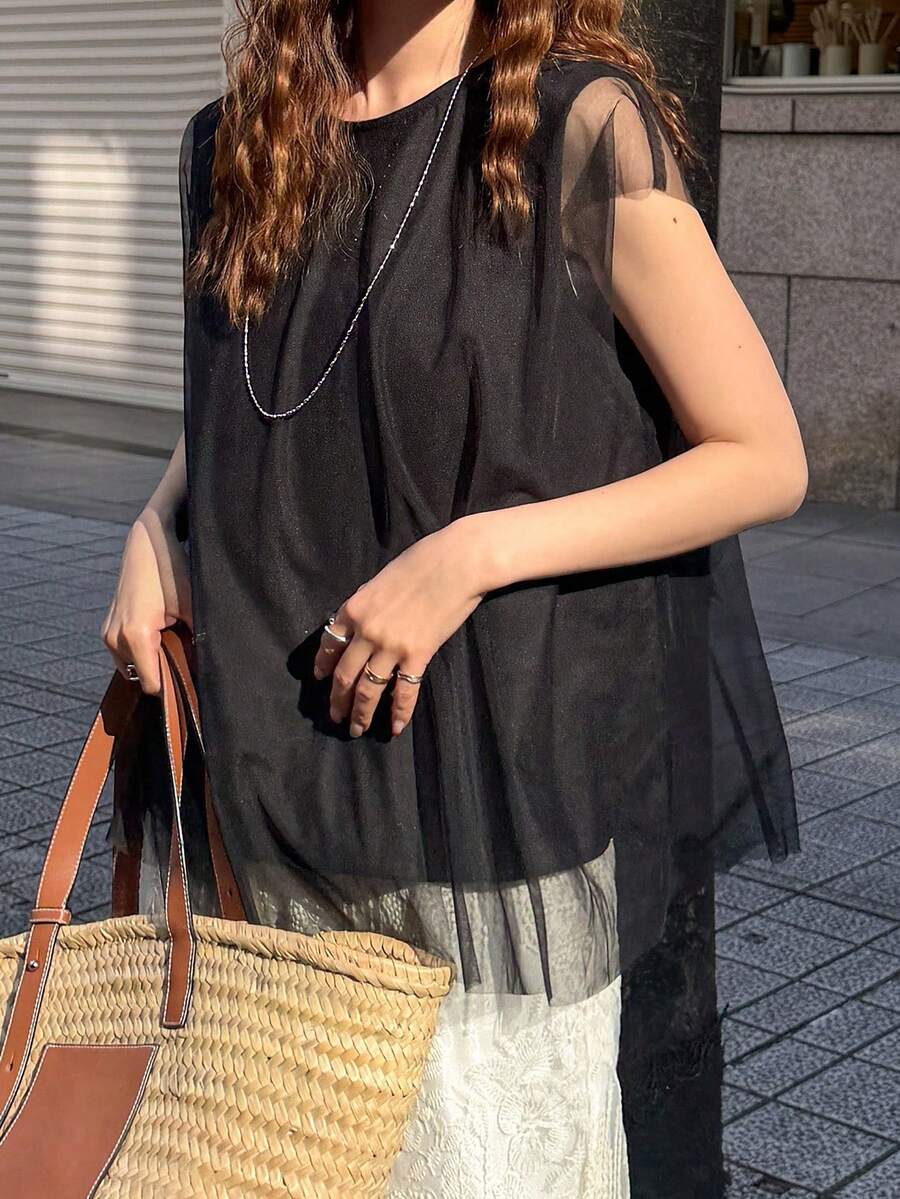 FRIFUL 女士圆领无袖网纱拼接宽松休闲度假风背心T恤 - 黑色 - 查看 1