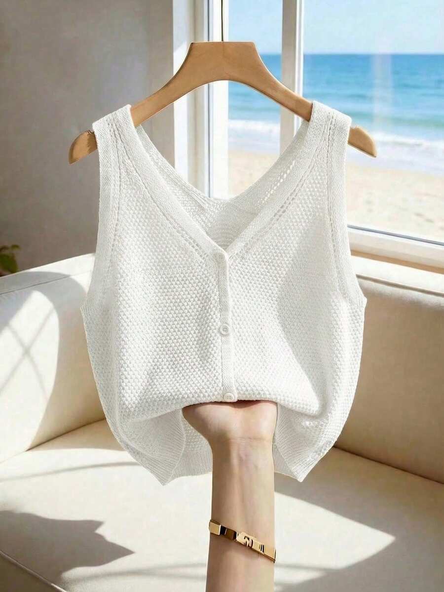 Franclia Áo khoác cardigan dệt kim không tay kiểu Pháp mùa hè mới, cài khuy đơn, chất liệu dệt rỗng, tạo cảm giác mềm mại, thiết kế phù hợp cho công sở/đi làm, cổ chữ V, màu trắng nhạt. - trắng - Xem 1