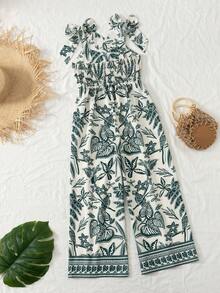 SHEIN Sparklyn Bộ áo liền quần không tay mềm mại cho bé gái tuổi teen, kiểu dáng mới mùa xuân/hè, họa tiết hoa màu xanh lá cây, có nơ trang trí có thể tháo rời, ống quần thẳng, thích hợp mặc hàng ngày và đi nghỉ mát. - màu xanh lá - Xem 2