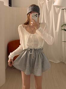 DAZY Quần short nữ màu trơn, kiểu dáng thường ngày, có bèo nhún ở gấu, màu nữ tính, thích hợp cho mùa xuân/hè. - Xám - Xem 5
