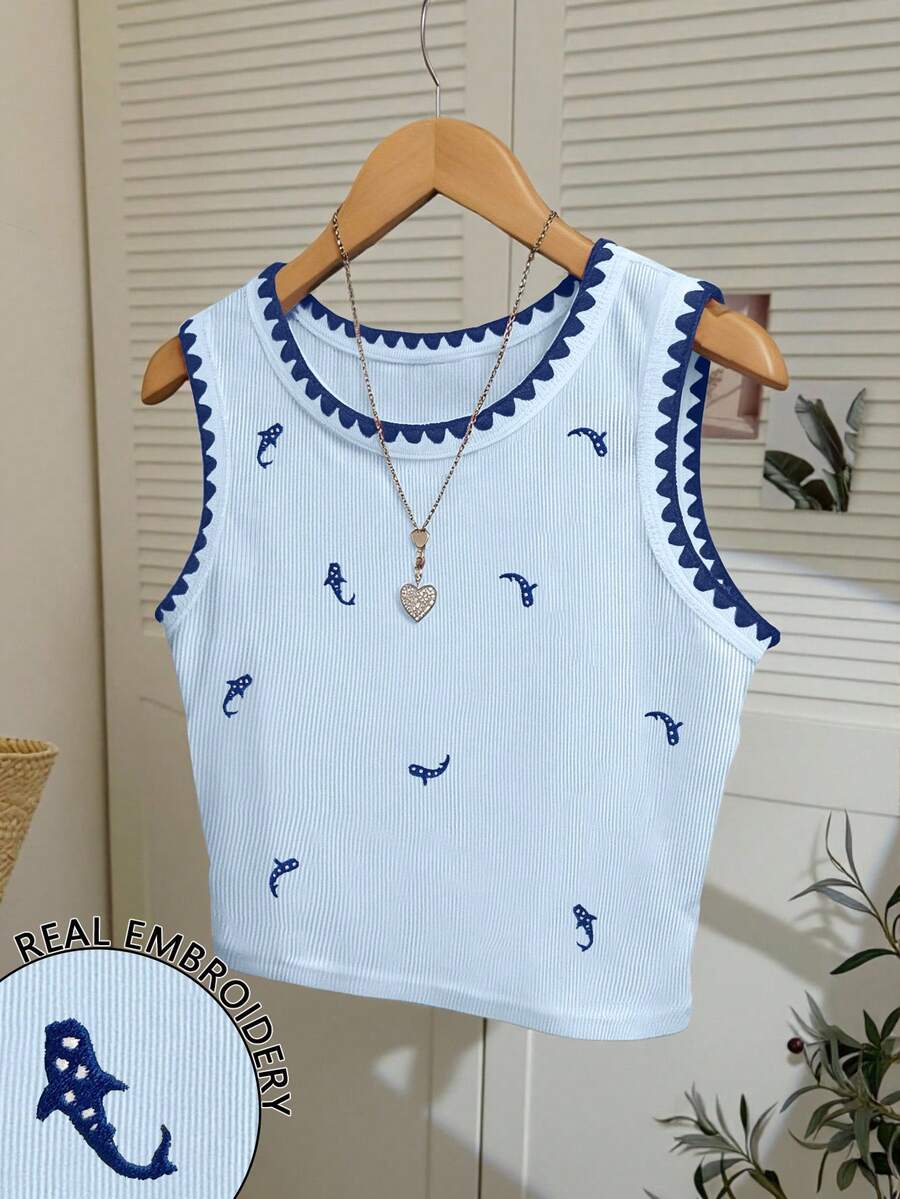 Top de tirantes con bordado de ballena para mujer, chaleco bordado con ribete de concha a la moda - Multicolor - Ver 1