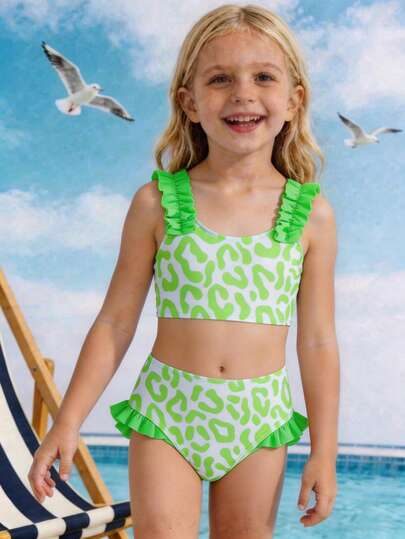 SHEIN Young Girl Leopard Print Swimwear Set With Frill Trim, Two Pieces