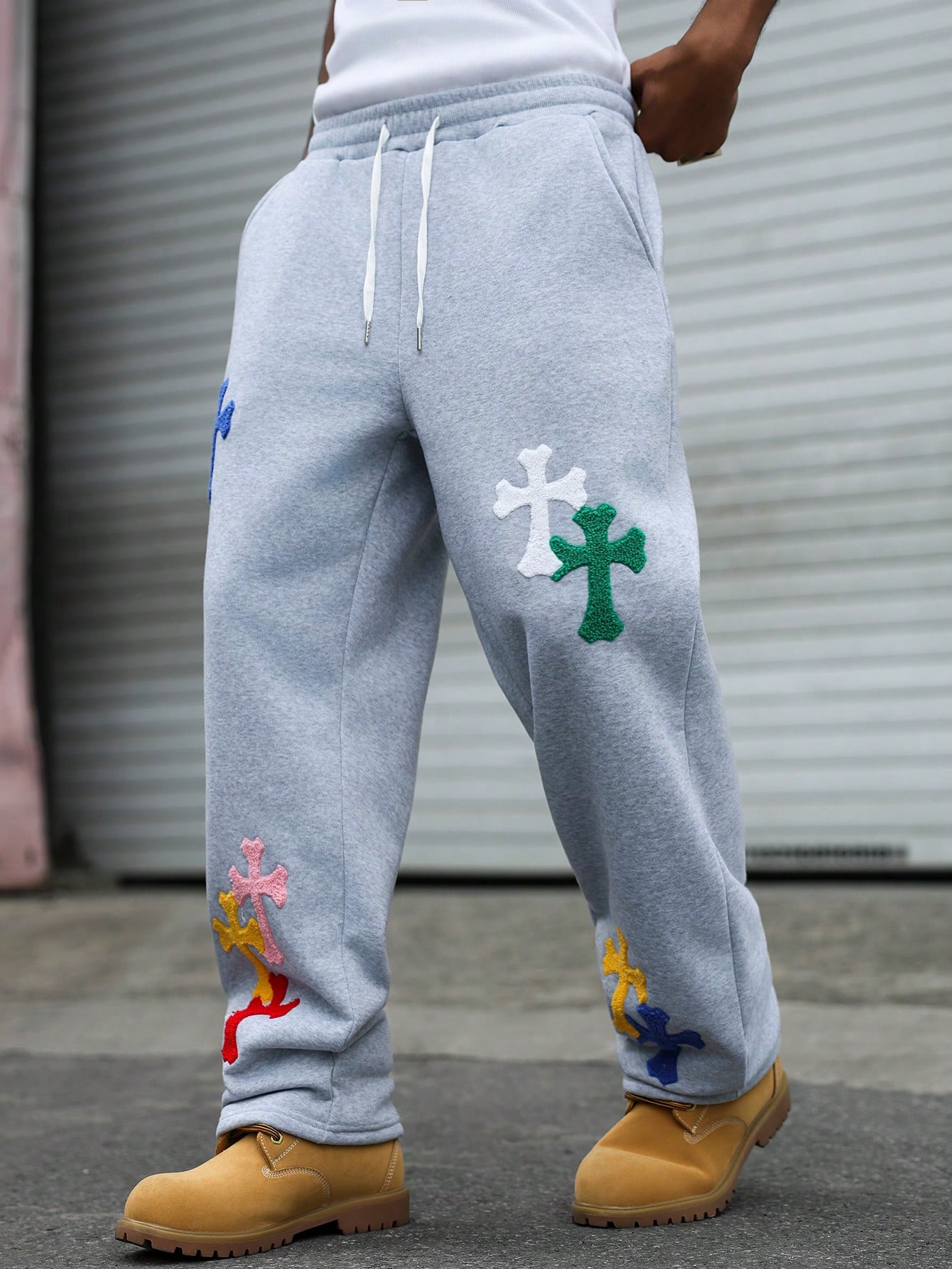 PAVTROS بنطلون رياضي فضفاض من الفليس مزين بالصليب...