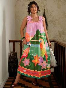 Travachic Plus Size Colorful Floral Print Sleeveless Dress - Green - View 5